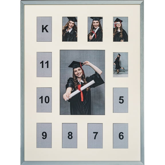 School Years Aluminum Metal Collage Picture Frame - Displays One 5x7 Photo and Twelve 2.5x3.5 Openings, K-12 Keepsake Silver