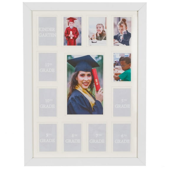WOOD SIDE ORBIS School Years Collage Frame with Double White Mat, Fits 5x7 & Twelve 2.5x3.5 Photos, K-12 Keepsake