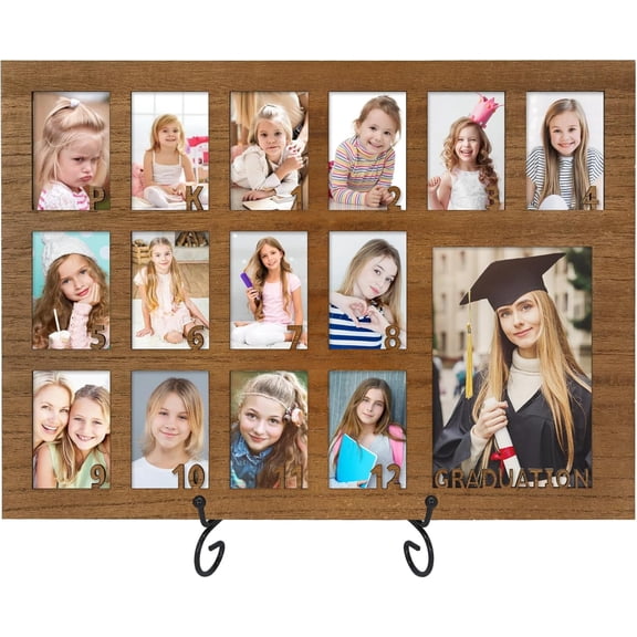 School Years Picture Frame Pre K to 12 Wooden Graduation Gift Collage Frame with Stand Easel, Displays One 4x6 and Twelve 2x3 Wallet Photos