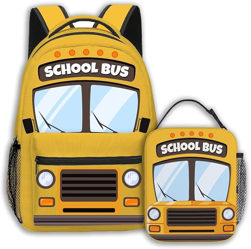 School bus Backpack With Lunch bag Set, Funny Bookbag With Lunch Box ...
