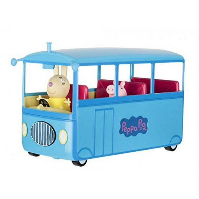 School bus with 5 seats, removable roof and songs. Press the front grill of the bus to activate sound. Includes 2 figures Peppa Pig and Miss Rabbit.