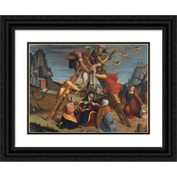 School of Ferrara 18x14 Black Ornate Wood Framed Double Matted Museum Art Print Titled - The Descent from the Cross (1508)