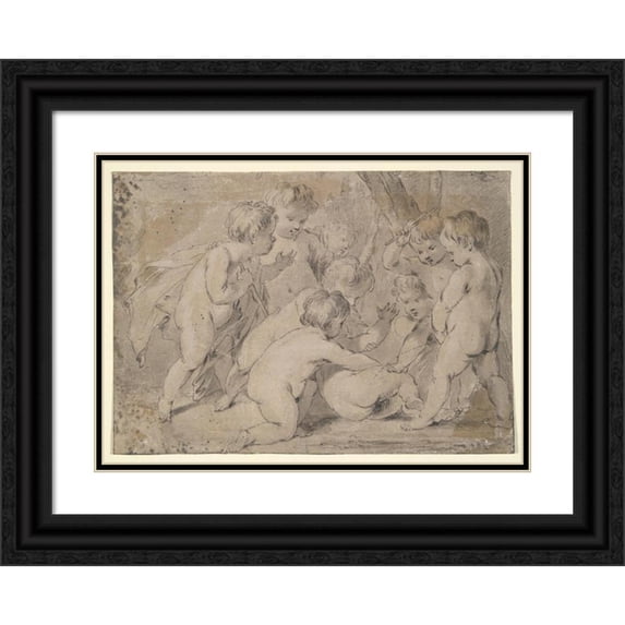 School of Jacob de Wit 18x14 Black Ornate Wood Framed Double Matted Museum Art Print Titled - Putti Playing (18th Century)