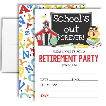 School's Out Forever Teacher Retirement Party Invitations – 20 Fill In the Blank Invites with Envelopes – 5x7 Retirement Party Invitations for Women Men, Retirement Invites by Amanda Creation