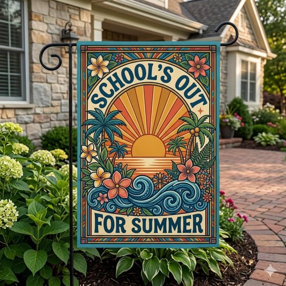 School’s Out For Summer Garden Flag, Retro Summer Yard Flag, Teacher Gift Decor, Last Day of School Flag, Tropical Sunset Garden Decor
