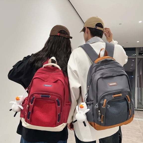 Schoolbag Female Fresh Primary And Secondary School Student Backpack Large Capacity Couple Casual Travel Bag,White With Brown Pendant