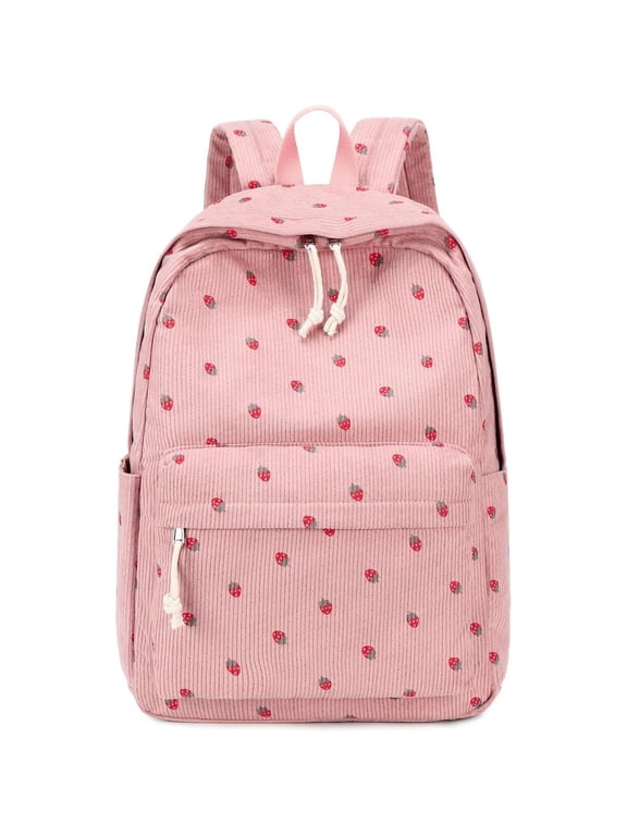 Schoolbag Large Corduroy Bookbag Lightweight 15.6 inch Laptop Bag for Back To School Women Casual College Backpack, Pink Strawberry