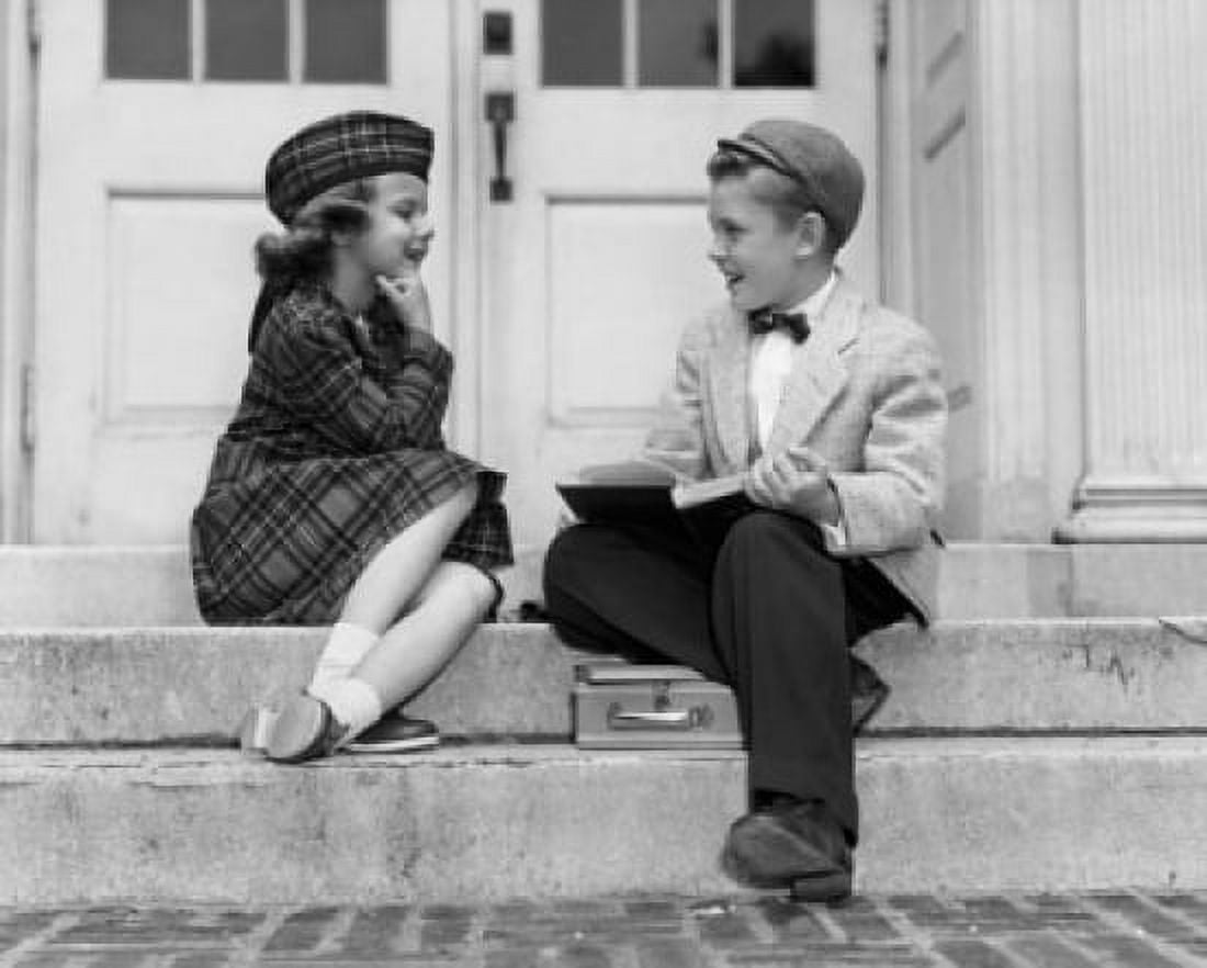 Schoolboy and a schoolgirl sitting and looking at each other Canvas Art - (18 x 24)