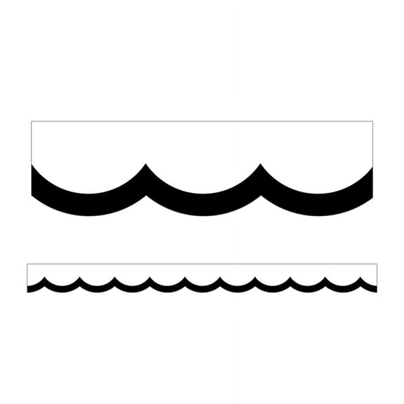 Schoolgirl Style Scalloped Bulletin Board Borders, 3' x 2-1/4", Simply Stylish Black & White Wavy Line, 13 Strips