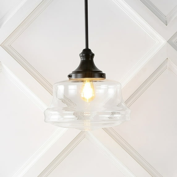 JONATHAN Y Schoolhouse 14" 1-Light Bohemian Farmhouse Iron/Glass LED Pendant, Oil Rubbed Bronze/Clear