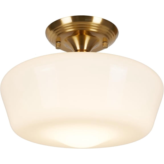 Schoolhouse Style Semi Flush Mount Ceiling Light Fixture, 12" Modern Gold Hallway Lamp with Opal Milk Glass Shade Brass, Farmhouse Globe for Bedroom Kitchen Entryway Laundry