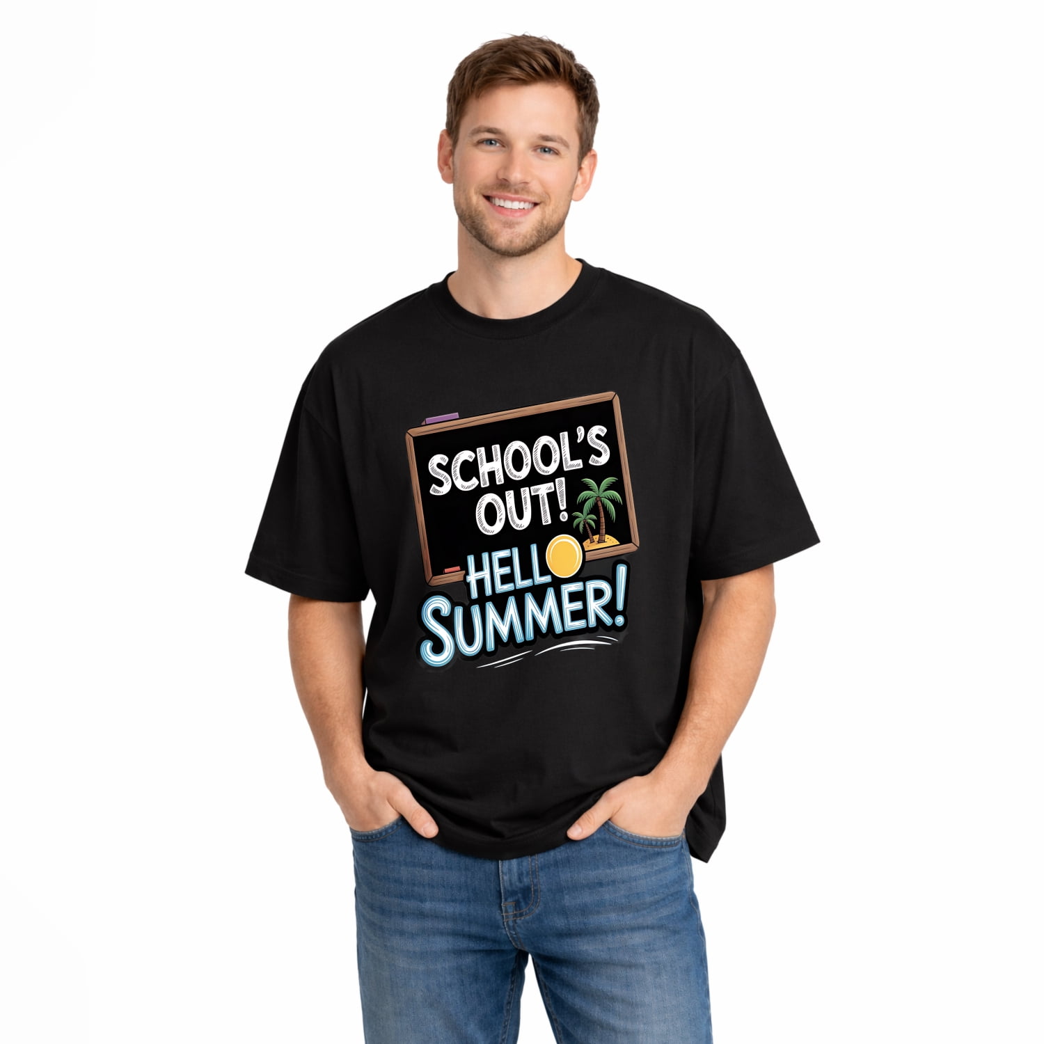 Schools Out Hello Summer Chalkboard Palm Unisex School Summer Vacation Graphic T Shirt Comfortable Pure Cotton Casual Tee for Men Women