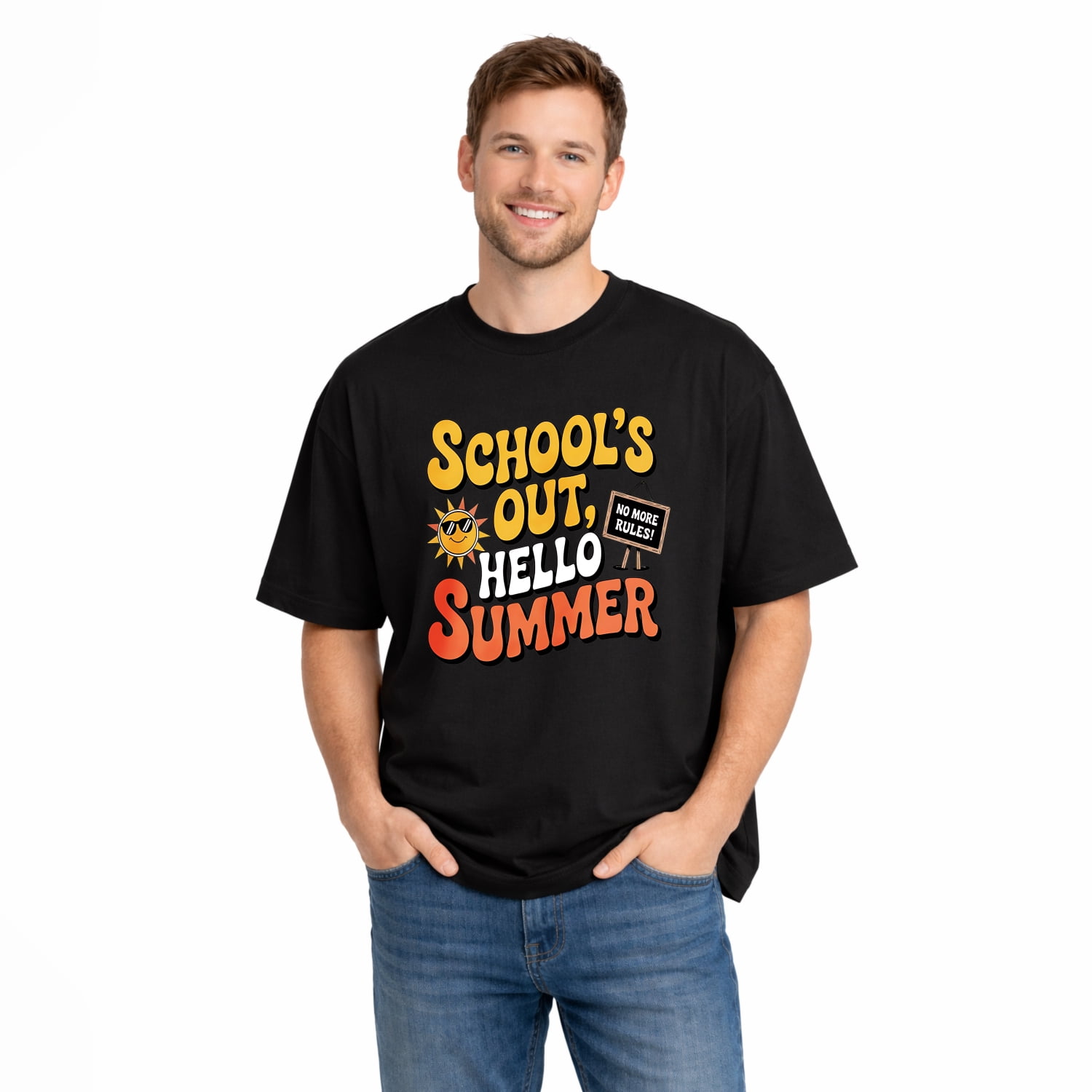 Schools Out Hello Summer No Rules Sign Unisex School Summer Vacation Graphic T Shirt Comfortable Pure Cotton Casual Tee for Men Women