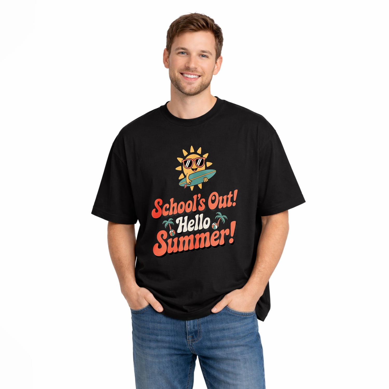 Schools Out Hello Summer Surf Sun Unisex School Summer Vacation Graphic T Shirt Comfortable Pure Cotton Casual Tee for Men Women