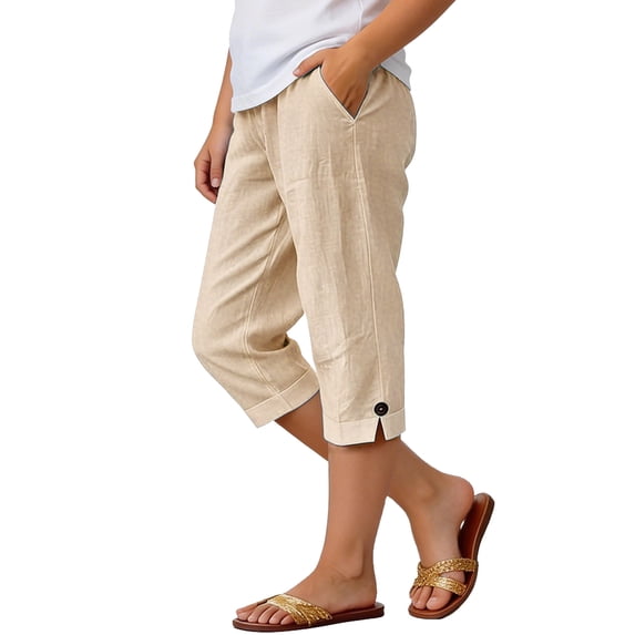 Schools Uniform Outfits Bermuda Shorts for Girls Knee Length Linen Long Shorts Solid Casual Drawstring Elastic Waist Short Pants with Pockets