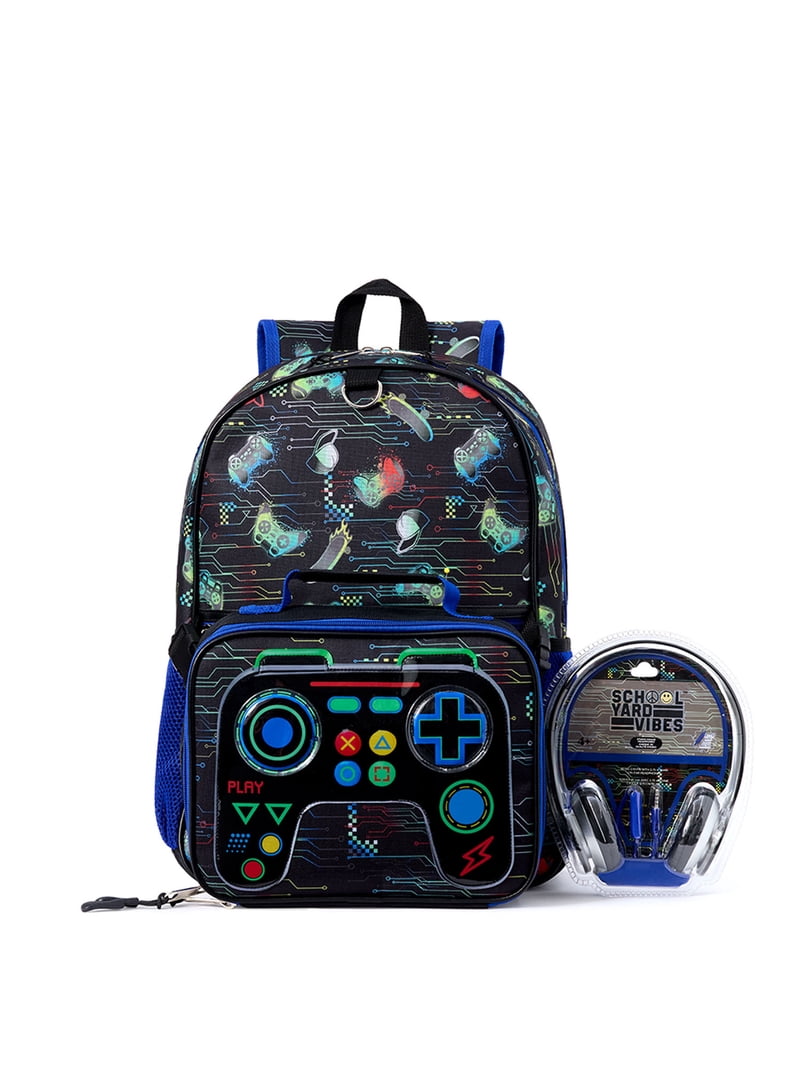 5 star backpack with usb kid Schoolyard Vibes 17 inch 3 Piece Backpack Set with Headphones and Kids Lunch Box, Kids Unisex, Black