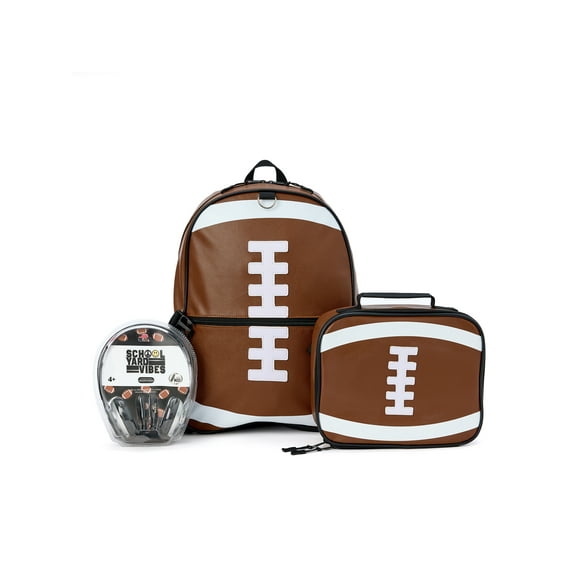 Schoolyard Vibes 17" Boys' 3-Piece Football Backpack Set with Headphones & Lunch Box, Brown