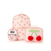 Schoolyard Vibes 17" Girls' 3-Piece Cherry Kids Backpack Set with Headphones & Lunch Box, Pink