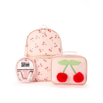 Schoolyard Vibes 17" Girls' 3-Piece Cherry Backpack Set with Headphones & Lunch Box, Pink