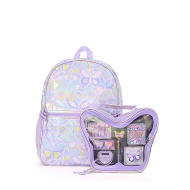 Schoolyard Vibes 17" Girls' Butterfly Backpack with Stationary Set, Purple