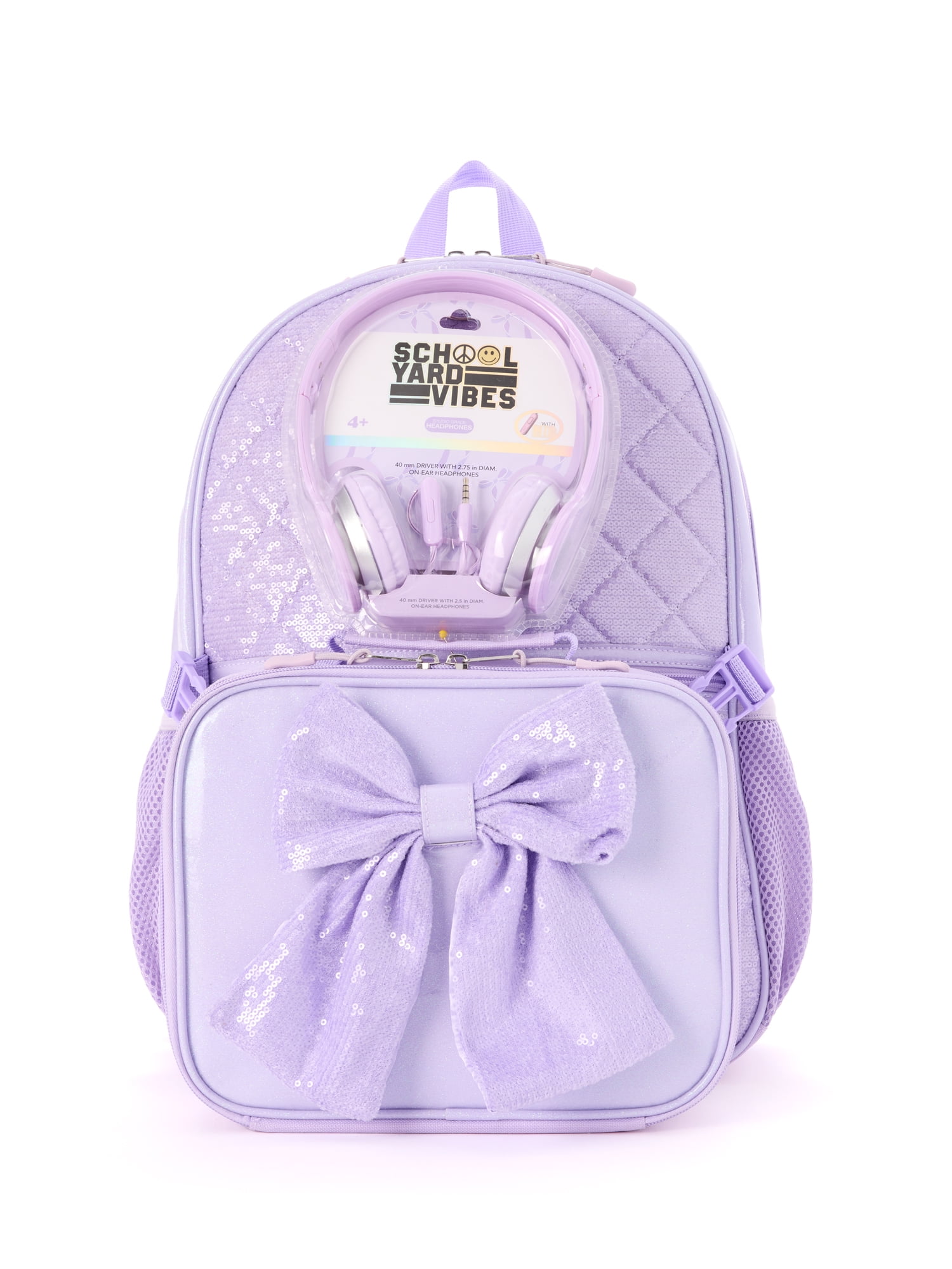 Schoolyard Vibes 17" Girls' Sequin Bow 3-Piece Kids Backpack Set with Headphones & Lunch Box, Purple