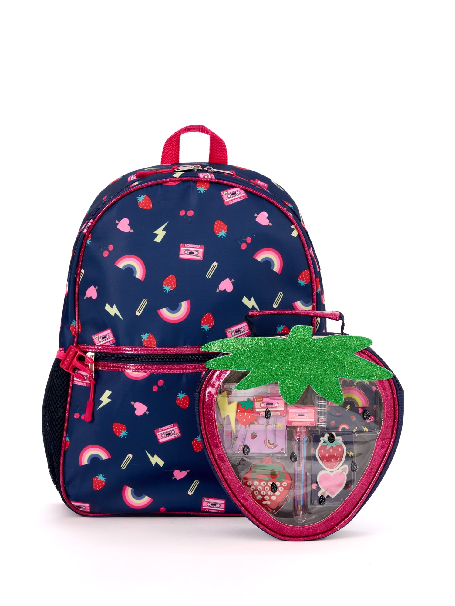 Schoolyard Vibes 17" Girls' Strawberry Kids Backpack with Stationary Set, Navy