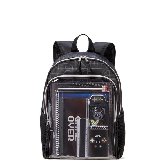 Schoolyard Vibes Boys Children Backpack with Stationary Set "Game Over" Print, Black