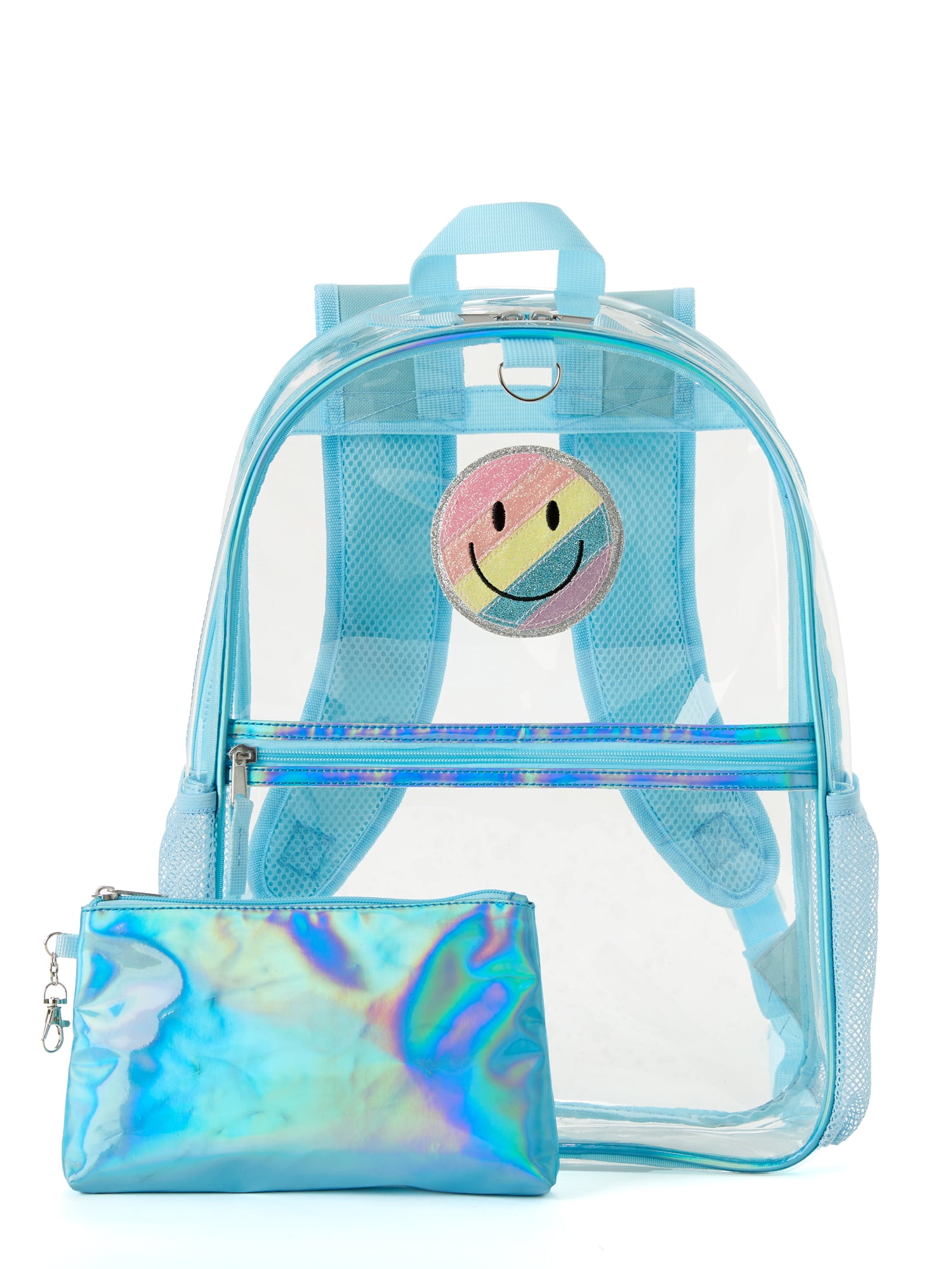 Schoolyard Vibes Clear 17' Backpack Smiley with Wristlet, Blue