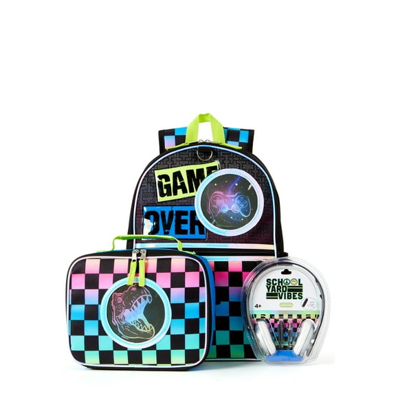 Schoolyard Vibes Dinosaur Boys 16" 3 Piece Headphone with Lunch Backpack Set, Black Multi-Color