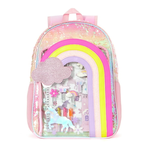 Schoolyard Vibes Rainbow Girls 17" Sequin Stationary Kids Backpack Set, Pink