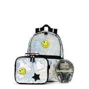 Schoolyard Vibes Sequin Patch Girls 16" 3 Piece Headphone with Lunch Kids Backpack Set, Silver