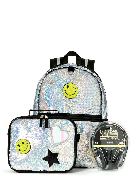 Schoolyard Vibes Sequin Patch Girls 16" 3 Piece Headphone with Lunch Kids Backpack Set, Silver