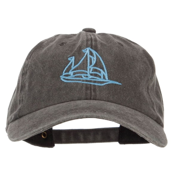 Schooner Outline Embroidered Washed Buckle Cap - Black OSFM