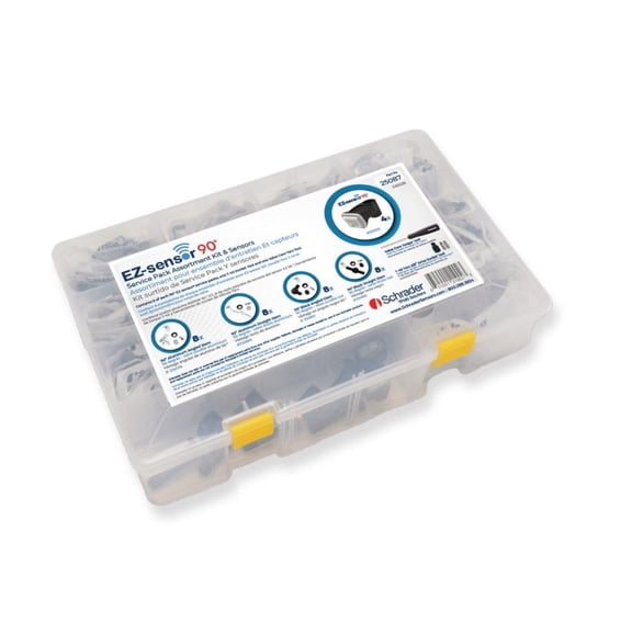 Schrader 90 EZ-sensor Service Pack Assortment, Containing 4 90 EZ-sensors and 8 each of 4 valve variations (Straight Silver, Angled Silver, Straight Black, Angled Black)