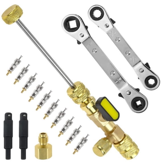Schrader Valve Core Remover & HVAC Wrench Tool Set, 1/4" 5/16" Port AC Valve Core Installer
