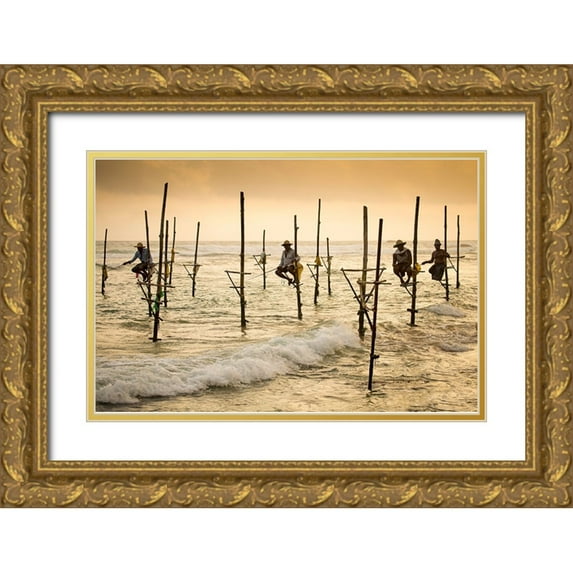 Schram, Olivier 14x11 Gold Ornate Wood Framed with Double Matting Museum Art Print Titled - Fishermen On Stilts