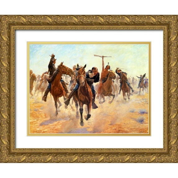 Schreyvogel, Charles 24x19 Gold Ornate Wood Framed with Double Matting Museum Art Print Titled - Breaking Through The Lines
