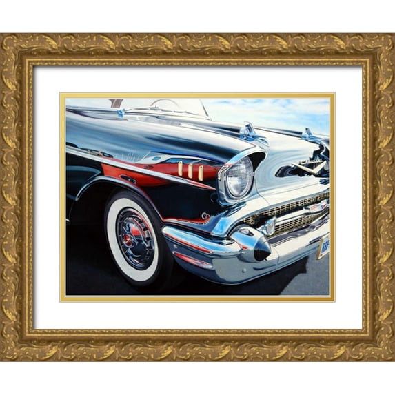 Schuh, Michael 18x14 Gold Ornate Wood Framed with Double Matting Museum Art Print Titled - T-Bird on Chevy Reflections