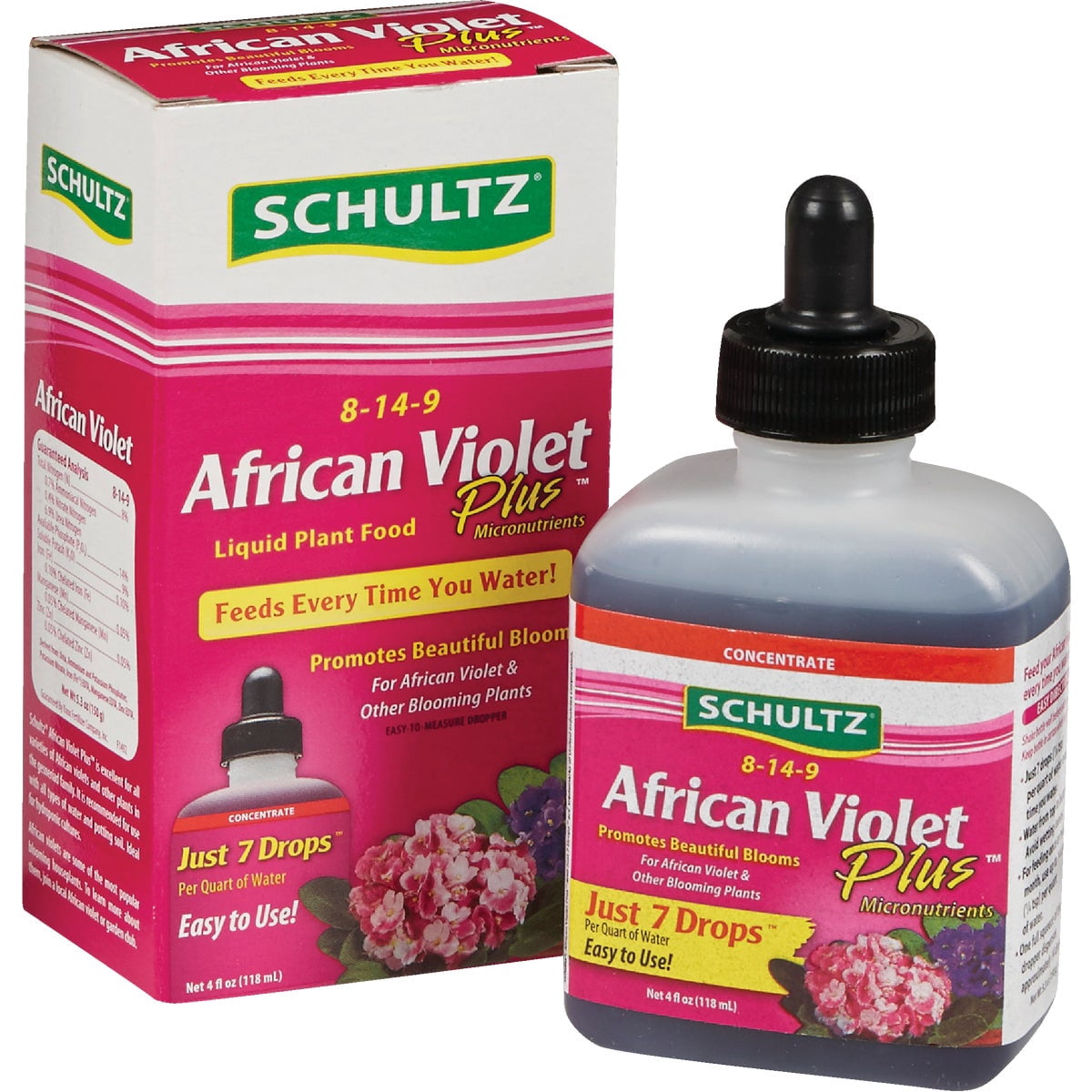 Schultz African Violet Plus Liquid Plant Food 8-14-9 - Indoor Flowers - Pack of 4, 4 oz