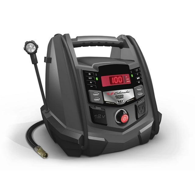 Schumacher All-in-One Portable Power Station and 1200 Peak Amp Jump Starter – 100 PSI Air Compressor, 200 Continuous Watt/400 Peak Watt Power Inverter – Works with Apple and Android Devices