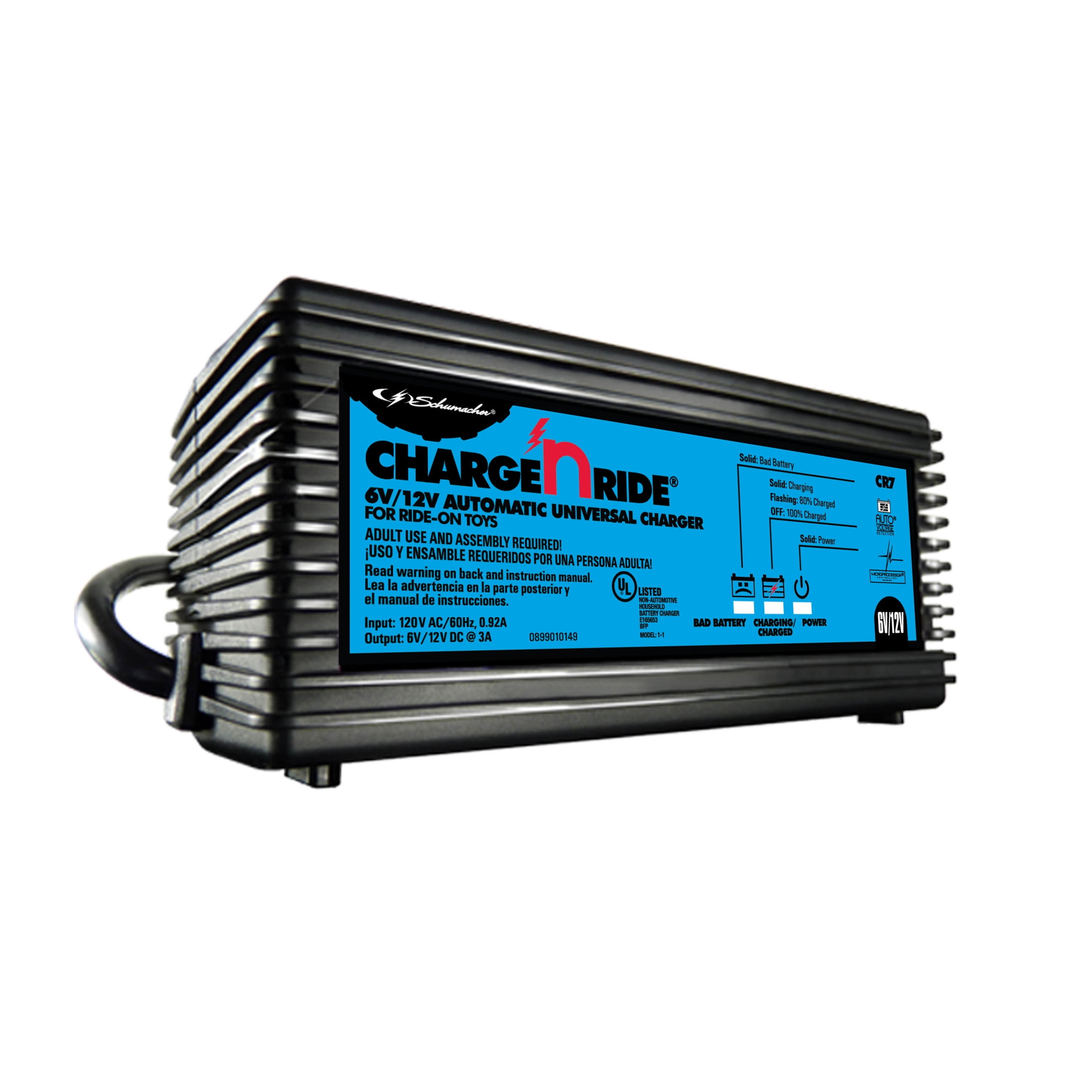 Schumacher Electric Charge ‘n Ride 3A Battery Charger/Maintainer for Ride-on Toys, 6V/12V Batteries, for Dynacraft, Huffy, Razor, Power Wheels, CR7