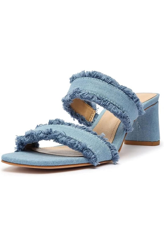 Schutz Amely Mid Block Summer Jeans Double Strap Slip On Open Toe Heel Sandals (Summer Jeans, 5)