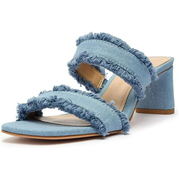 Schutz Amely Mid Block Summer Jeans Double Strap Slip On Open Toe Heel Sandals (Summer Jeans, 5)
