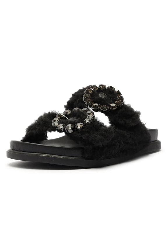 Schutz Ariel Black Winter Alpaca Hair Slip On Open Toe Embellished Flats Sandals (Black, 5.5)
