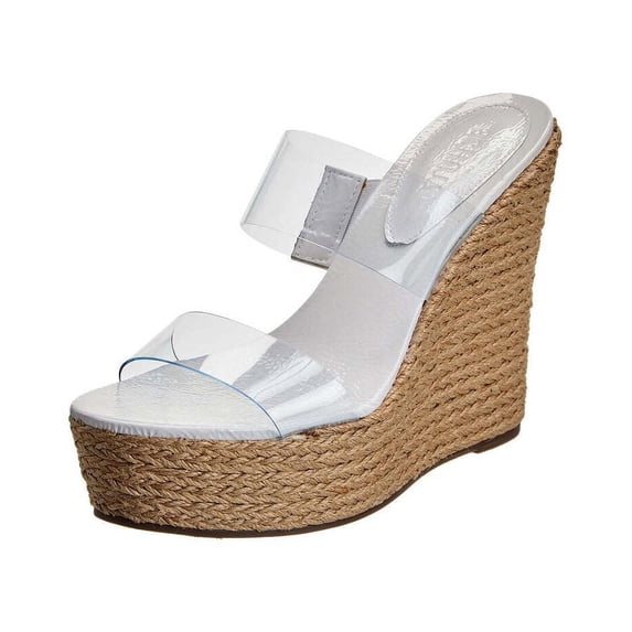 Schutz Arien White Slip On Open Toe Clear Straps Modern Spin Wedges Heel Sandals (WHITE, 8.5)