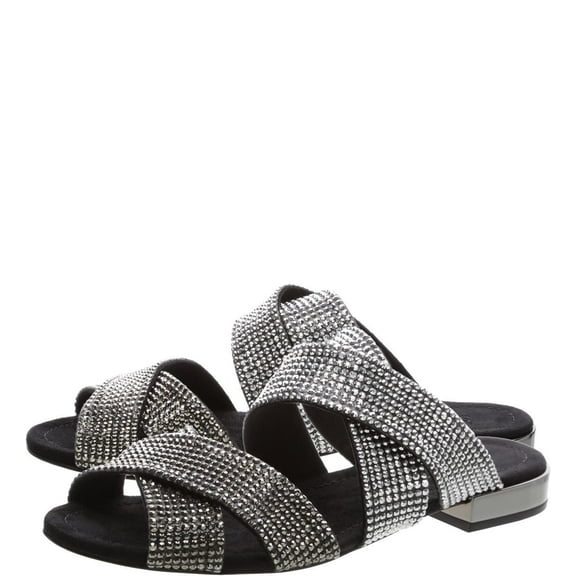 Schutz Black Kayl Sandals Women Crystal Embellished Cross Strapped Slide Sandals