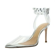 Schutz Cleary Transparent/Silver Womens Dress Stiletto Ankle Strap Pumps Shoes (Transparent/Silver, 6)