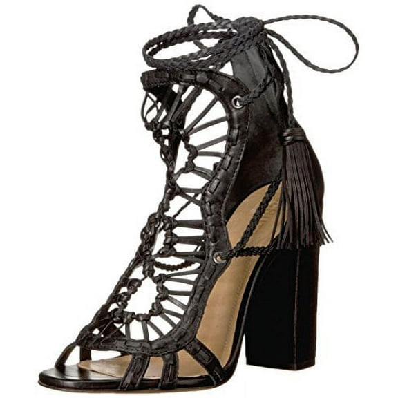 Schutz Dubai Sandals Womens Black Leather Gladiator Thick Heel Strappy Sandals (Black, 5)