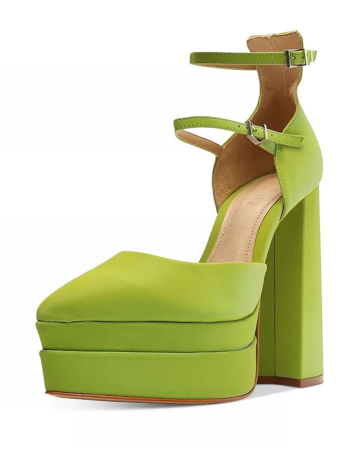 SCHUTZ Elysee Green Platform Pumps - 5.5 Inch Block Heel Ankle Strap Pointy Toe