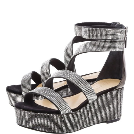 Schutz Gavvas Black Pewter Metallic Crystal Embellished Strap Wedge Sandal (Black Pewter, 5)